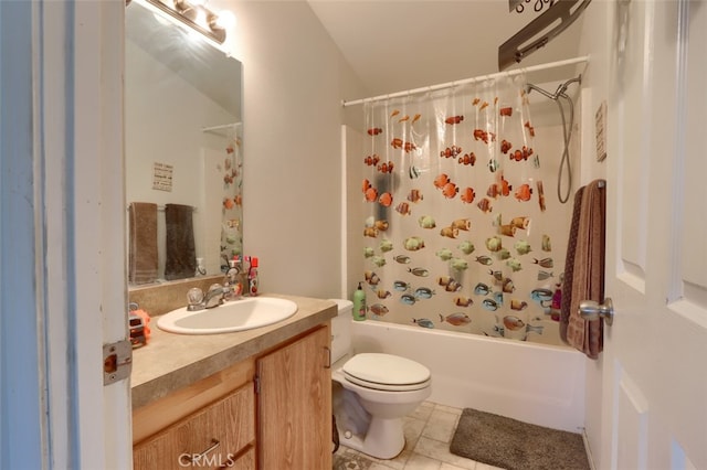 full bathroom with tile patterned flooring, vanity, toilet, and shower / bathtub combination with curtain