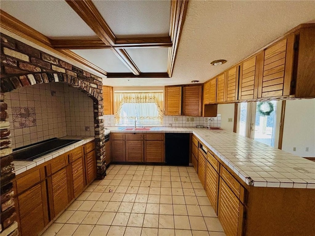 kitchen with kitchen peninsula, decorative backsplash, plenty of natural light, and black appliances