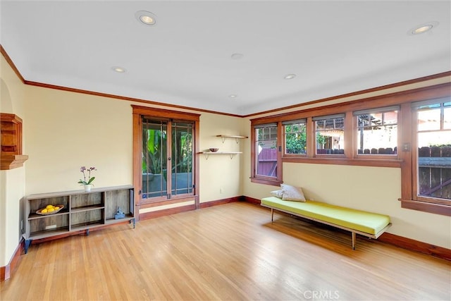 sitting room featuring ornamental molding, light hardwood / wood-style flooring, and a healthy amount of sunlight