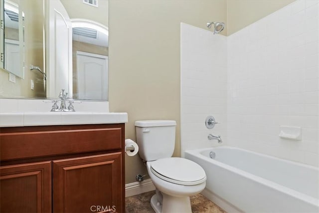 bathroom with visible vents, baseboards, toilet, shower / bathing tub combination, and vanity