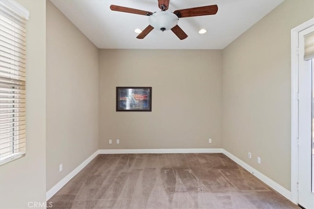 unfurnished room with recessed lighting, baseboards, a ceiling fan, and carpet floors