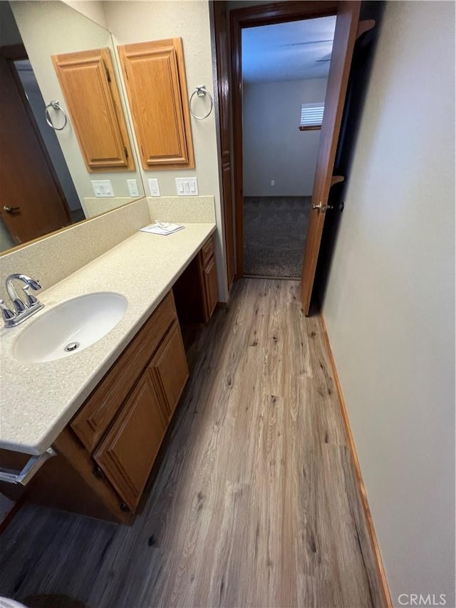 bathroom with vanity and hardwood / wood-style flooring