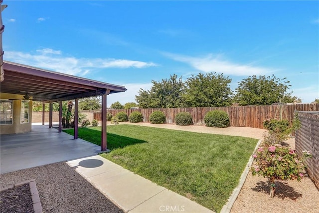 view of yard featuring ceiling fan and a patio