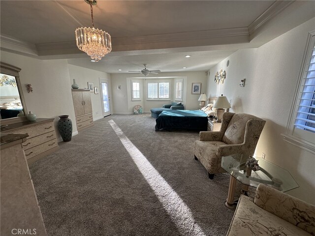 bedroom with a notable chandelier, ornamental molding, and carpet