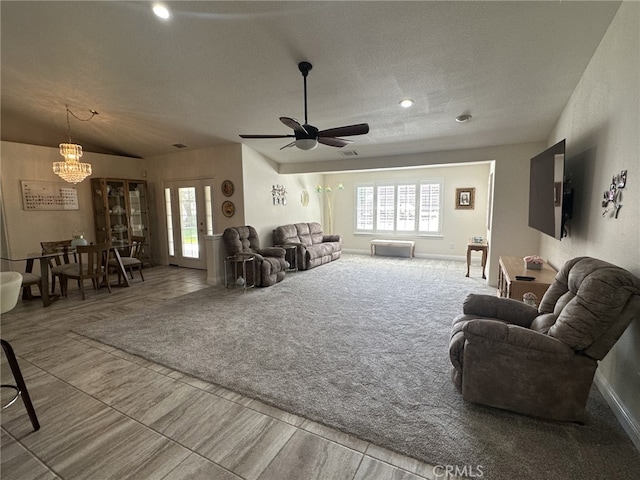 16232 Ridge View Dr, Apple Valley, CA 92307 - carpeted living room featuring a chandelier, ceiling fan, a textured ceiling, and recessed lighting