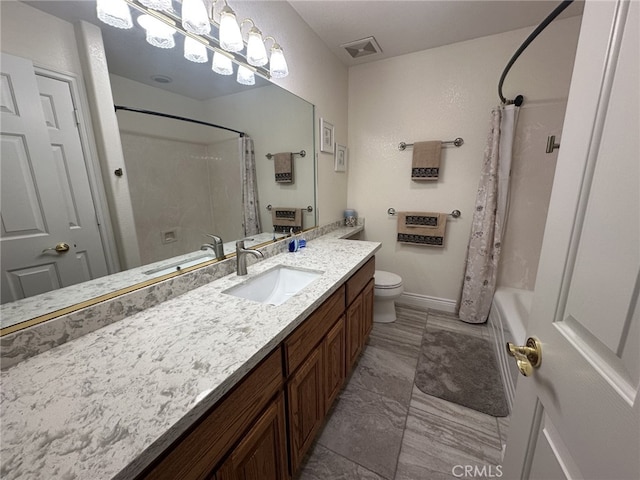 16232 Ridge View Dr, Apple Valley, CA 92307 - bathroom with toilet, vanity, baseboards, shower / tub combo with curtain, and marble look tiles
