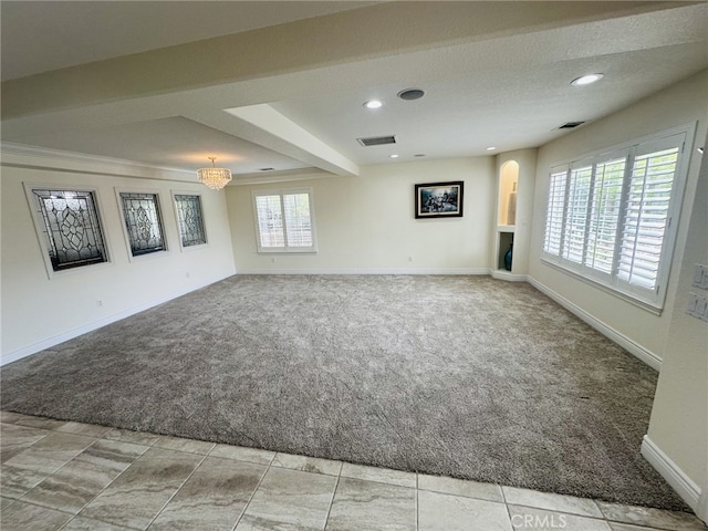 16232 Ridge View Dr, Apple Valley, CA 92307 - carpeted empty room featuring a chandelier, baseboards, arched walkways, and recessed lighting