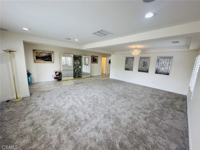 16232 Ridge View Dr, Apple Valley, CA 92307 - unfurnished living room featuring carpet flooring, recessed lighting, baseboards, and a raised ceiling