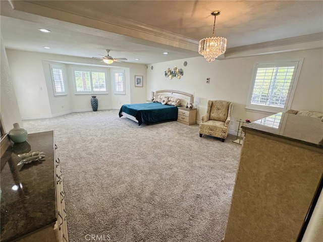 16232 Ridge View Dr, Apple Valley, CA 92307 - bedroom featuring light colored carpet, baseboards, ornamental molding, a chandelier, and recessed lighting