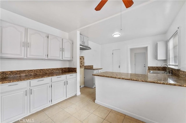 kitchen with ceiling fan, sink, white cabinets, and kitchen peninsula