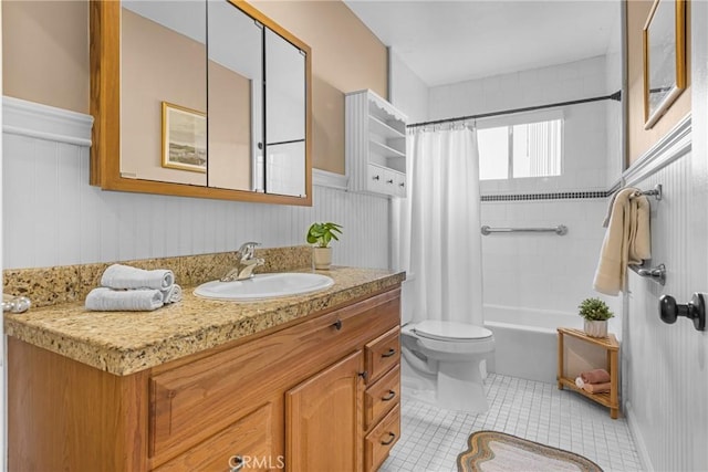 full bathroom with toilet, shower / tub combo, tile patterned floors, and vanity