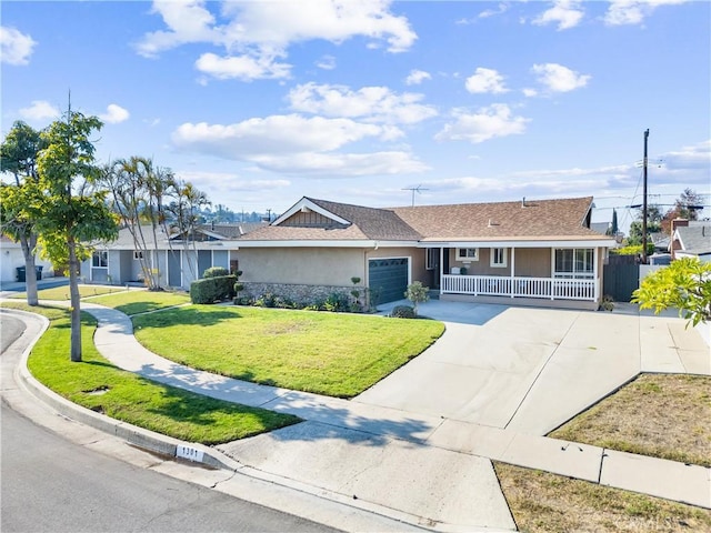 single story home featuring a porch, a garage, and a front lawn