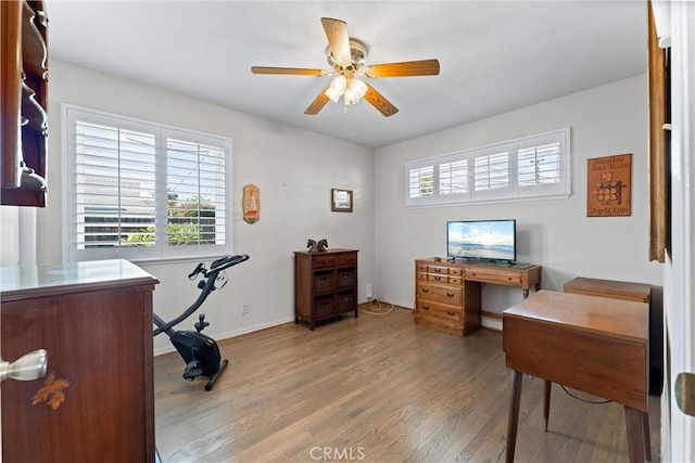 office area with hardwood / wood-style floors and ceiling fan