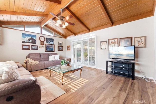 living room featuring vaulted ceiling with beams, light hardwood / wood-style flooring, ceiling fan, and wooden ceiling