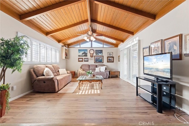 living room featuring lofted ceiling with beams, ceiling fan, wooden ceiling, and light wood-type flooring