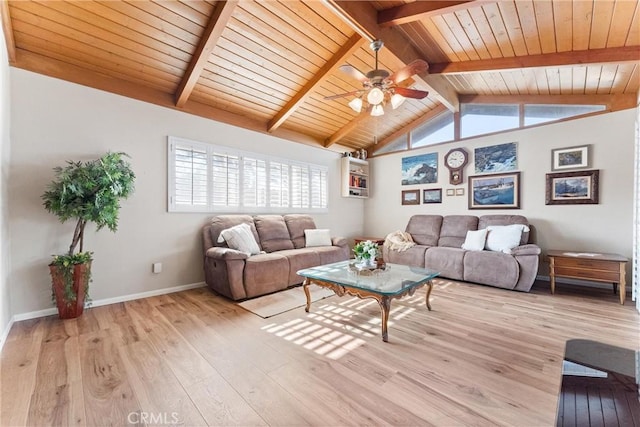 living room featuring vaulted ceiling with beams, ceiling fan, wood ceiling, and light hardwood / wood-style floors