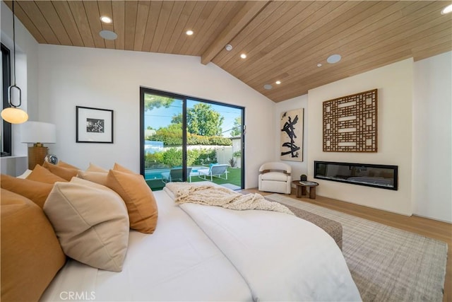 bedroom featuring access to exterior, lofted ceiling with beams, light hardwood / wood-style floors, and wooden ceiling