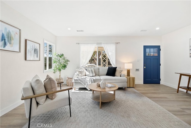 living room with light hardwood / wood-style flooring