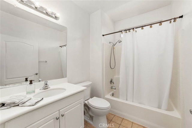 full bathroom featuring tile patterned flooring, vanity, toilet, and shower / tub combo with curtain