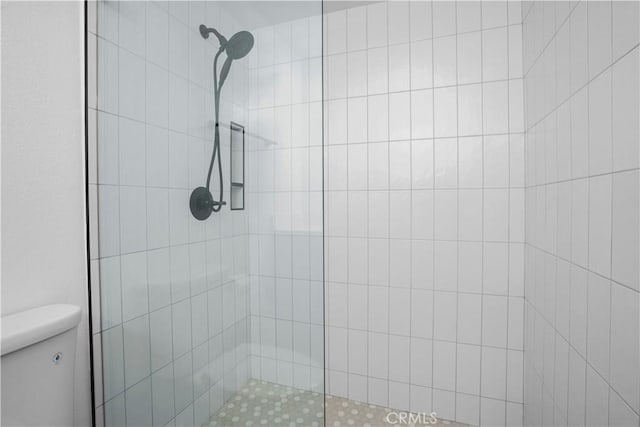 bathroom with a tile shower and toilet