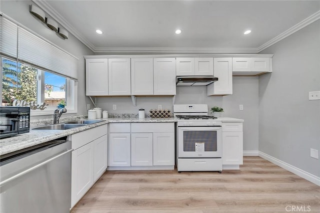 kitchen featuring stainless steel dishwasher, white cabinets, white range with gas stovetop, and ornamental molding