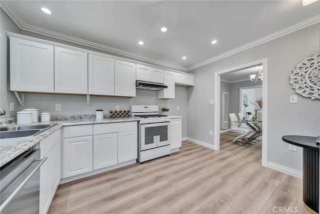 kitchen featuring stainless steel dishwasher, white cabinetry, exhaust hood, and gas range gas stove