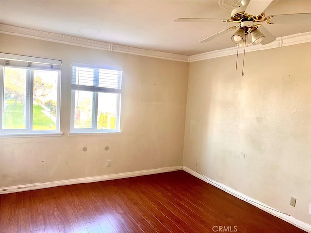 spare room with crown molding, ceiling fan, and wood-type flooring