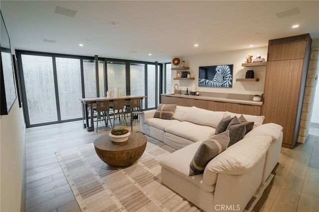 living room with a wall of windows and light hardwood / wood-style flooring