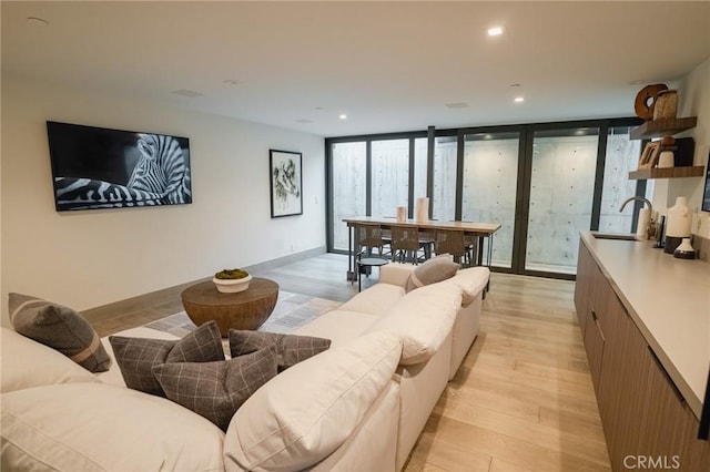 living room with sink, light hardwood / wood-style floors, and expansive windows