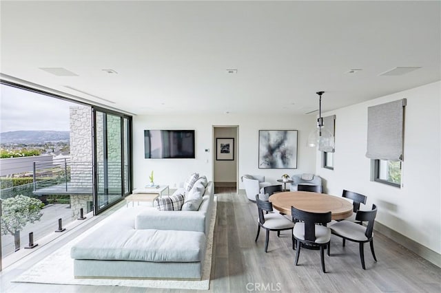 dining space with a mountain view, a wealth of natural light, expansive windows, and wood-type flooring