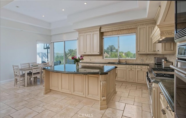 kitchen with sink, a center island, stainless steel appliances, a raised ceiling, and custom exhaust hood