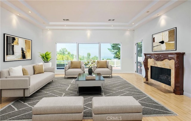 living room with hardwood / wood-style floors, plenty of natural light, a fireplace, and a tray ceiling