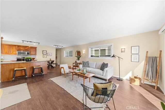 living room with dark hardwood / wood-style floors