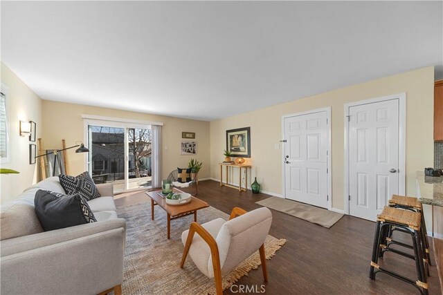 living room featuring dark wood-type flooring