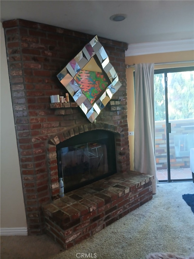 details with carpet floors and a fireplace