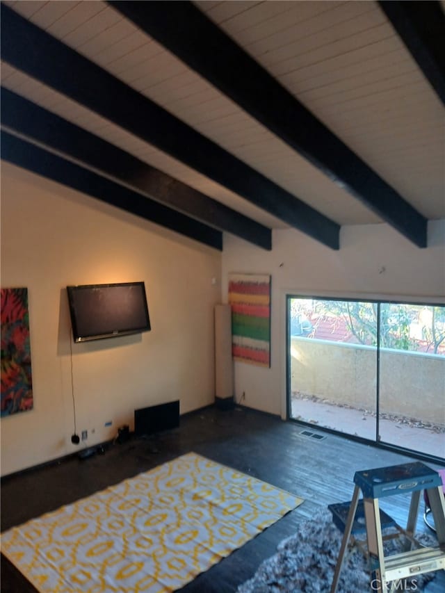 bedroom featuring vaulted ceiling with beams and dark hardwood / wood-style floors