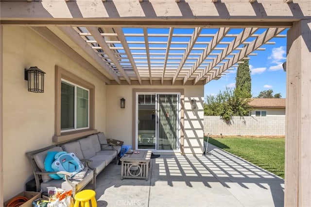 view of patio with an outdoor living space and a pergola