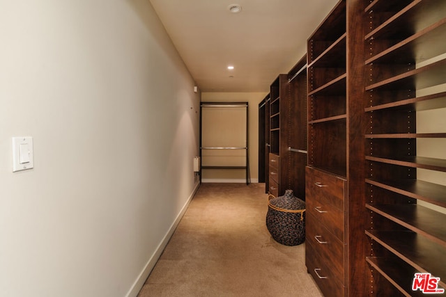 hallway with light colored carpet