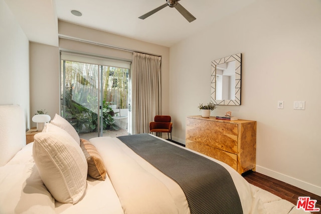 bedroom featuring wood-type flooring, access to outside, and ceiling fan