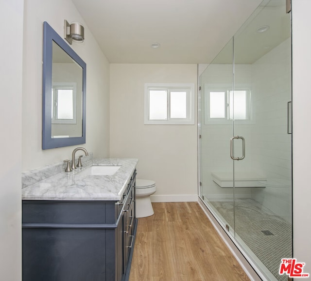 bathroom featuring toilet, vanity, a healthy amount of sunlight, and wood-type flooring