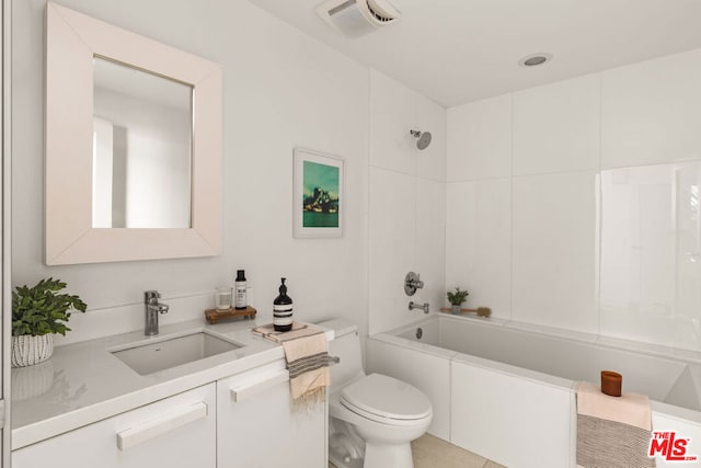 full bathroom with toilet, vanity, and tub / shower combination