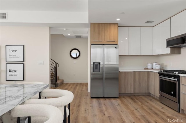 kitchen with white cabinetry, light hardwood / wood-style floors, and appliances with stainless steel finishes