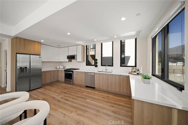 kitchen featuring exhaust hood, sink, light hardwood / wood-style floors, white cabinetry, and stainless steel appliances