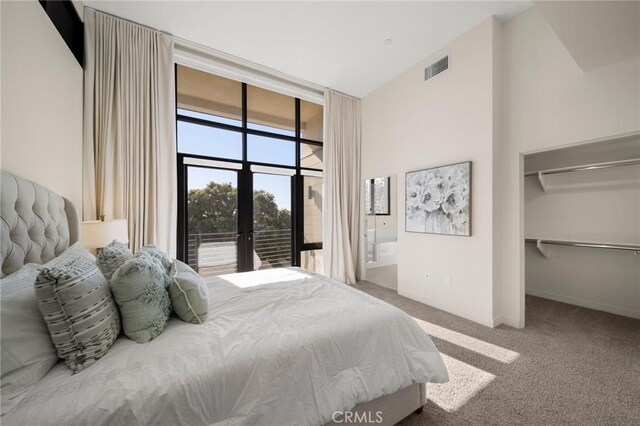 carpeted bedroom with a walk in closet, a closet, and french doors