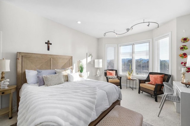 bedroom with light colored carpet