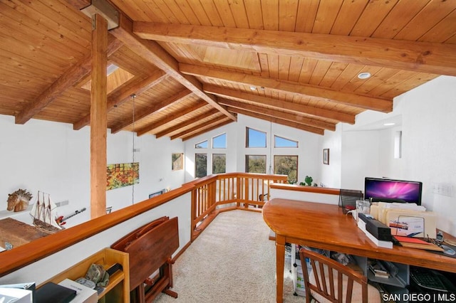 interior space with carpet floors, lofted ceiling with beams, and wood ceiling