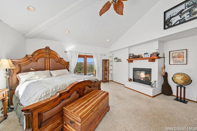 carpeted bedroom with high vaulted ceiling, beam ceiling, access to exterior, and ceiling fan