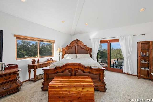 carpeted bedroom featuring access to exterior and beam ceiling