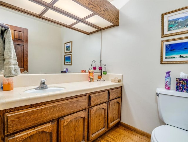 bathroom featuring vanity, wood-type flooring, and toilet