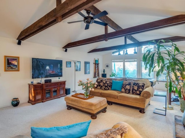 carpeted living room with lofted ceiling with beams